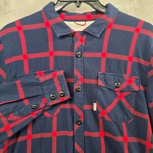 Topo Designs Mens Large Flannel Shirt Navy Red Plaid Organic Cotton Long Sleeve